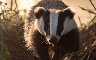 Картинка барсук, природа, дикая природа, зелень, лес, папоротник, портрет животного, на открытом воздухе, млекопитающее, черно-белый мех, ИИ искусство