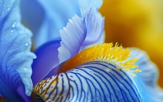 Картинка цветок макро, синий ирис, текстура лепестка, желтая тычинка, цветочный крупный план, яркие цвета, природа, цветущий цветок, ботаническая красота, ИИ искусство
