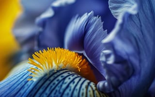 Картинка цветок макро, синий ирис, текстура лепестка, желтая тычинка, цветочный крупный план, яркие цвета, природа, цветущий цветок, ботаническая красота, ИИ искусство