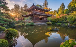 Картинка туманный пейзаж, японский храм, цвета восхода солнца, спокойный пейзаж, отражение воды, традиционное здание, спокойная природа, мирное утро, туманная атмосфера, культурная архитектура, ИИ искусство
