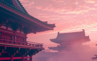 Картинка японский храм, закат, архитектура, спокойствие, Япония, исторический, отражение, вода, безмятежный, пейзаж, Азия, культурное наследие, ИИ искусство