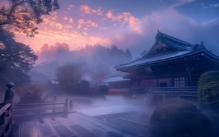 Картинка японский храм, закат, архитектура, спокойствие, Япония, исторический, отражение, вода, безмятежный, пейзаж, Азия, культурное наследие, ИИ искусство