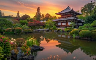 Картинка туманный пейзаж, японский храм, цвета восхода солнца, спокойный пейзаж, отражение воды, традиционное здание, спокойная природа, мирное утро, туманная атмосфера, культурная архитектура, ИИ искусство