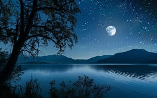 Картинка луна, озеро, ночное небо, звезды, отражение, деревья, спокойствие, пейзаж, природа, сумерки, вода, живописный, мирный, ИИ искусство