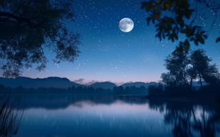 Картинка луна, озеро, ночное небо, звезды, отражение, деревья, спокойствие, пейзаж, природа, сумерки, вода, живописный, мирный, ИИ искусство