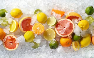 Картинка лед, ломтики цитрусовых, лимон, лайм, грейпфрут, апельсин, освежающий, холодный, колотый лед, фрукты, лето, освежение, красочный, яркий, охлажденные фрукты, кубики льда, сочный, острый, ИИ искусство