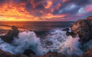 Картинка закат, береговая линия, горные породы, волны, драматическое небо, океан, панорама, сумерки, природа, естественная красота, фиолетовый, апельсин, ИИ искусство
