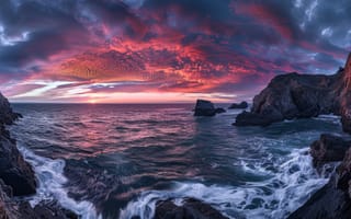 Картинка закат, береговая линия, горные породы, волны, драматическое небо, океан, панорама, сумерки, природа, естественная красота, фиолетовый, апельсин, ИИ искусство