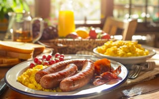 Картинка американский завтрак, колбасные ссылки, яичница-болтунья, оладьи, апельсиновый сок, сервировка стола в деревенском стиле, уютный утренний обед, привычная пища, ИИ искусство
