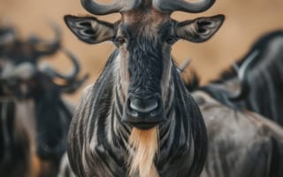 Картинка Портрет антилопы гну, африканская дикая природа, животные саванны, природа крупным планом, сафари, рога антилопы гну, грива антилопы гну, ИИ искусство