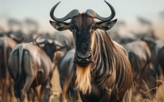 Картинка Портрет антилопы гну, африканская дикая природа, животные саванны, природа крупным планом, сафари, рога антилопы гну, грива антилопы гну, ИИ искусство