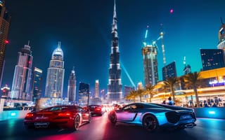 Картинка Дубай, Бурдж-Халифа, закат, роскошные автомобили, футуристическая архитектура, современный город, путешествовать, Объединенные Арабские Эмираты, ИИ искусство