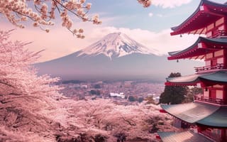 Картинка гора Фудзи живопись, японское ландшафтное искусство, сезон цветения вишни, пагода, Природные пейзажи, произведения искусства, Япония путешествия искусство, ИИ искусство