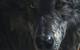 Картинка портрет волка, животное, дикая природа, напряженные глаза, прикованный, крупный план, драматическое освещение, высокий контраст, природа, власть, ИИ искусство