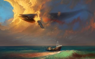 Картинка небо, чайки, кит, сюрреализм, корабль, Арт, море, облака
