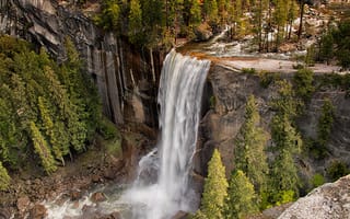 Обои США, Калифорния, California, камни, водопад, Йосемити, USA, скала, лес, Yosemite National Park, деревья