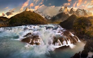 Картинка горы, Патагония, вода, скалы, небо, Анды, валуны, камни, облака, поток, водопад