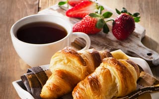 Картинка Coffee, кофе, клубника, круассаны, baking, Croissant, выпечка, Strawberry