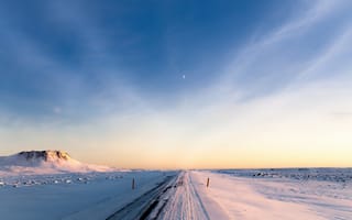 Картинка Исландия, луна, снег, утро, зима, дорога, небо