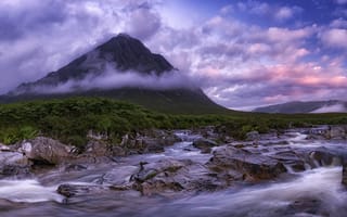 Картинка Шотландия, Хайленд, Highland, Гленко, камни, облака, река