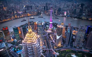 Обои Шанхай, небоскребы, Китай, река, катера, мегаполис, панорама, вечер, дома, огни, корабли