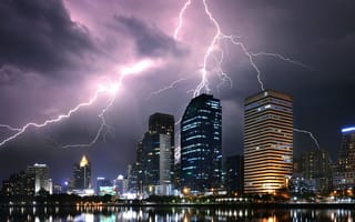 Картинка Bangkok, Thailand, молния, ночь, дома, огни, город