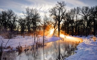 Картинка зима, закат, пейзаж, река, деревья