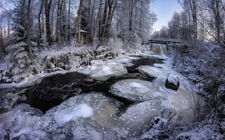 Картинка зима, лес, мост, лед, река, пейзаж, деревья