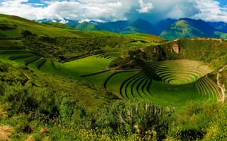 Картинка Морай, горы, пейзаж, террасы, руины, холмы, Перу, трава
