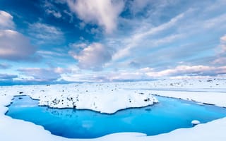 Картинка облака, Исландия, небо, дорога, снег, вода, зима