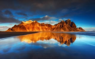 Картинка небо, горы, пляж, отражения, облака, Исландия