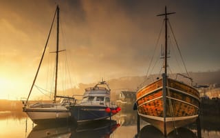 Картинка гавань, рассвет, утро, яхты, пристань, лодки, Англия