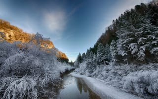 Картинка зима, река, утро, снег, пейзаж, деревья