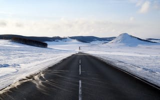 Картинка зима, горизонт, горы, дорога, снег
