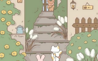 Картинка каваи, милый, кролик, нести, животное, детеныш, Кот, котенок, сад, цветок, лестница