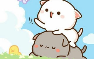 Картинка каваи, милый, Nyan Nyan Nyanko, нян, нянко, котенок, Кот, маленький, мяу, луг, цветок, поле