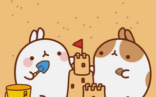 Картинка каваи, милый, Molang, кролик, детеныш, животное, песок, отпуск, замок