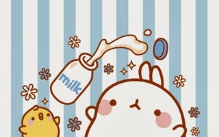Картинка каваи, милый, Molang, кролик, Piu Piu, цыпленок, курица, птица, детеныш, животное, молоко