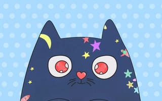 Картинка каваи, милый, Кот, котенок, животное, домашний питомец, ночь, звезда, планета