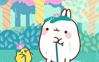 Картинка каваи, милый, Molang, кролик, Piu Piu, цыпленок, курица, птица, пухлый, белый, детеныш, животное, лес