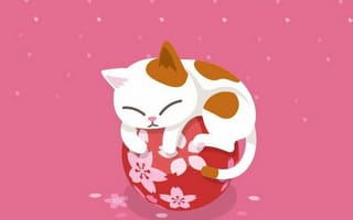 Картинка каваи, милый, Кот, котенок, животное, домашний питомец, ночь, звезда, облако, полумесяц, Луна