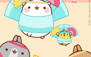 Картинка Кавай, кавайи, кавай, милый, веер, Molang and Piu Piu, Molang, Моланг и Пиу Пиу, Моланг, bunny, rabbit, Piu Piu, Пиу Пиу, птенец, цыпленок, птица, белый, животное, маленький, крошечный