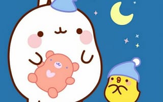 Картинка каваи, милый, Molang, кролик, Piu Piu, цыпленок, курица, птица, пухлый, белый, детеныш, животное, спать, сонный, игрушка