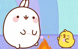 Картинка каваи, милый, Molang, кролик, Piu Piu, цыпленок, курица, птица, пухлый, белый, детеныш, животное, Пожар