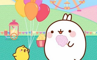 Картинка каваи, милый, Molang, кролик, Piu Piu, цыпленок, курица, птица, пухлый, белый, детеныш, животное, воздушный шар, парк развлечений