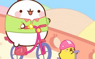 Картинка каваи, милый, Molang, кролик, Piu Piu, цыпленок, курица, птица, пухлый, белый, детеныш, животное, велосипед