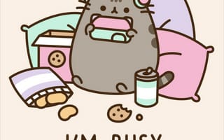 Картинка Кавай, кавайи, кавай, милый, Pusheen, Pusheen cat, Пушин, Пушин кэт, котенок, кот, маленький, серый, полосатый, мяу, питомец, животное, еда, печенье, игра