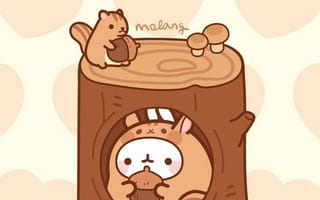 Картинка каваи, милый, Molang, кролик, пухлый, белый, детеныш, животное, дуб, белка, пень