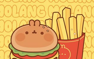 Картинка каваи, милый, Molang, кролик, пухлый, белый, детеныш, животное, бургер, картофель фри, вкуснятина, еда, вкусные