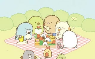 Картинка каваи, милый, Sumikko Gurashi, Shirokuma, Penguin?, Tonkatsu, Tokage, нести, пингвин, котлета, Кот, котенок, динозавр, маленький, пикник